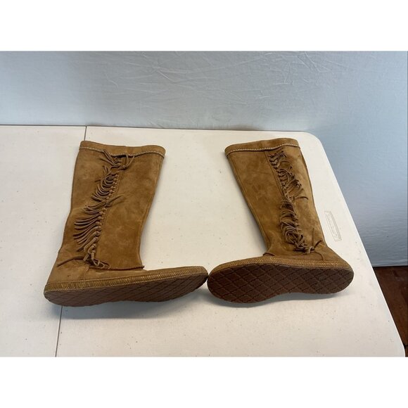 UGG Mammoth Moccasin Brown Sz 9 Suede Leather Fringed Tall Boots Festival‎ Boho - Picture 1 of 11